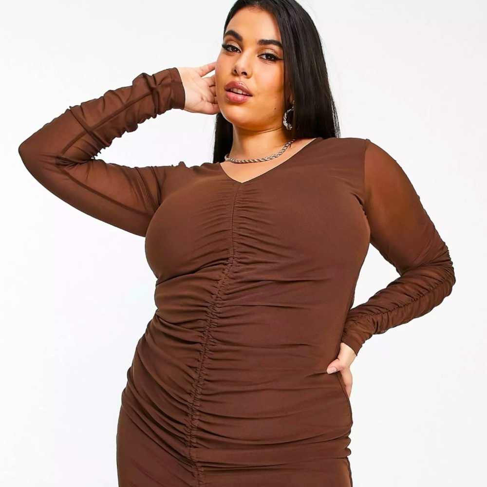 ASOS Curve. Mesh, ruched, body con midi dress